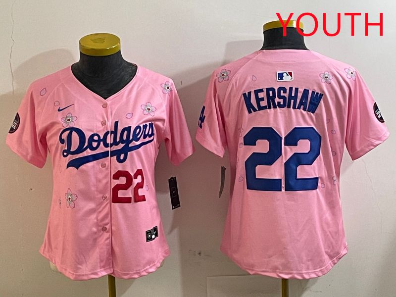 Youth Los Angeles Dodgers #22 Kershaw Pink White Blue Sakura Edition 2025 Nike MLB Jersey style 2->youth mlb jersey->Youth Jersey